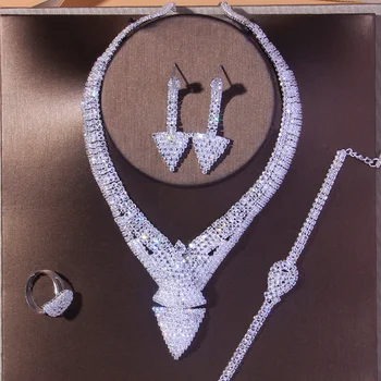 Silver Jewelry Set Women Triangle Rhinestone Necklace Sets Four Piece African Wedding Jewelry Sets