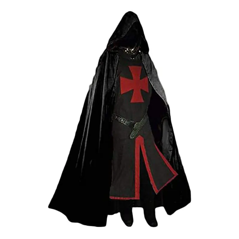 Túnica masculina com estampa de cavaleiros cruzados medievais templários,  túnica renascentista Halloween Surcoat Warrior Black Plague Cloak Cosplay  Top, L-burgundy, Large