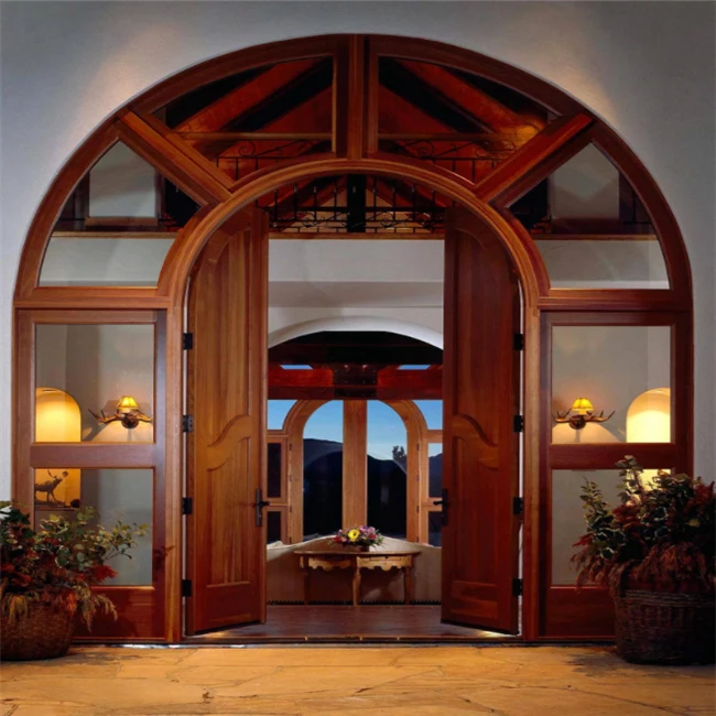 House Main Entrance Half Round Arch Top Double Solid Wood Doors Designs Modern Wooden Front Entry Door