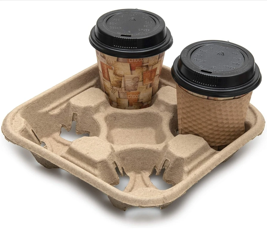 2-4 Cup Disposable Clip-On Paper Pulp Fiber Carrier Takeaway Utility Coffee Drink Tray for 8-32 oz Custom Logo for Carton Use