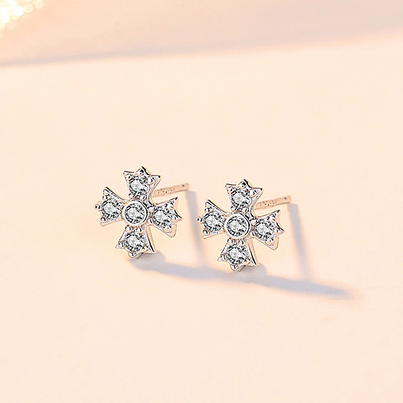 Wholesaler Earring Bling Crystal Rhinestone Women Gift Cross 925 Silver Korean Stud Earring Jewelry(图4)