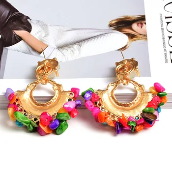 Wholesale Bohemian Vintage Handmade Hanging Colorful Beaded Natural Stone Dangle Metal Drop Earrings Jewelry Accessories