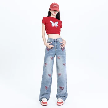 Wind Embroidery Wide Leg Mopping Jeans Women's High Waist Skinny Straight Pants Women's Loose Jeans, Loose Jeans