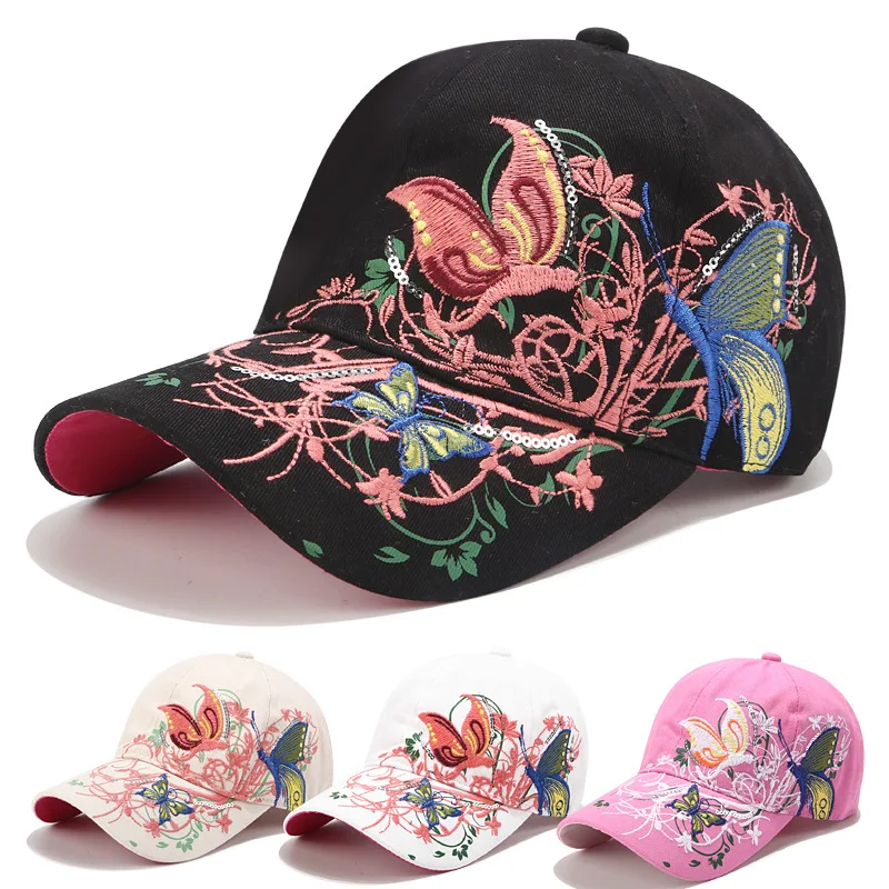 Women's Embroidered Baseball Cap With Butterfly & Flowers – Adjustable Trucker Hat, Red, One Size - View #7