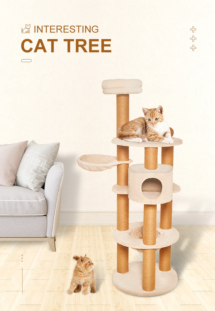 2023 Modern Luxury Pet Wooden Tree House Sisal Rope Scratch Posts Cat