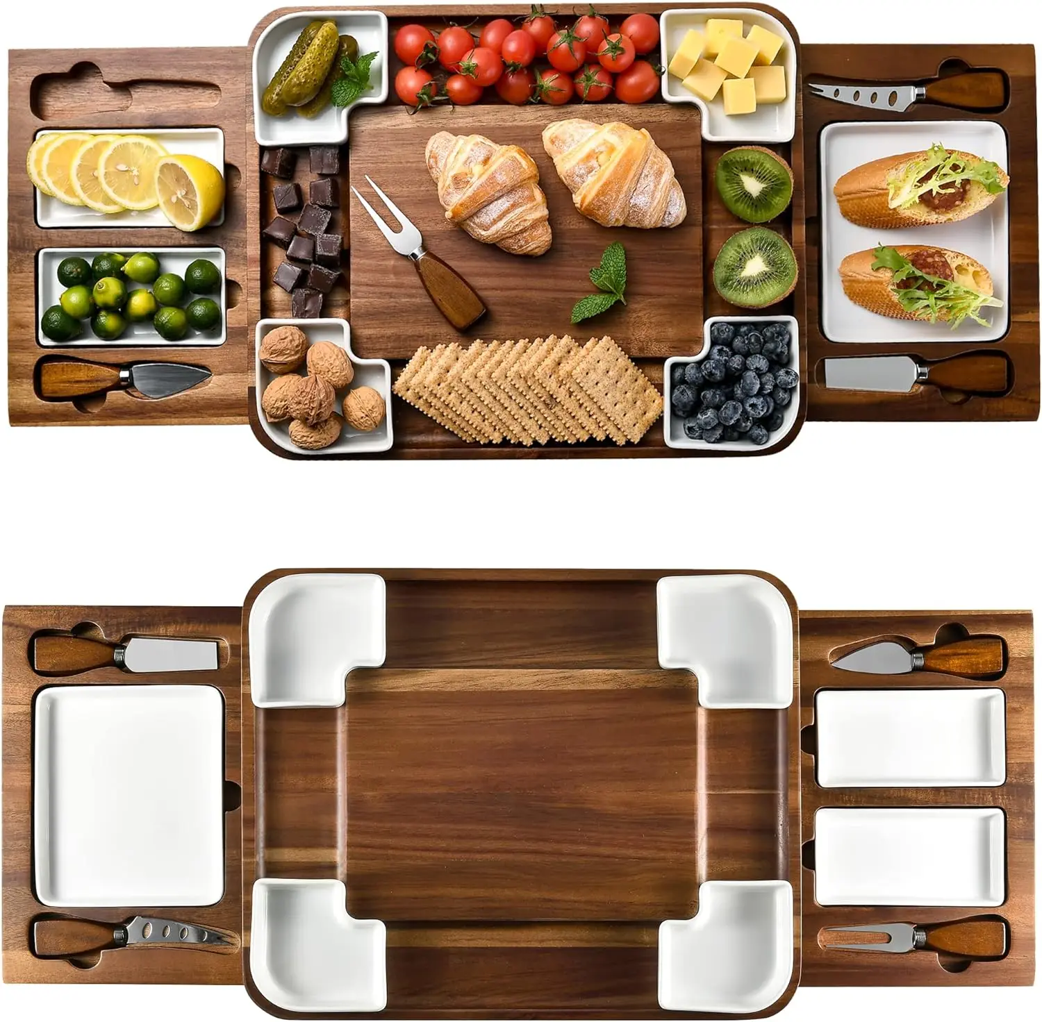 Multi-Compartment Serving Platter with Dishes & Utensils Charcuterie Board Cheese Platter Acacia Wood Cheese Board Set for Party
