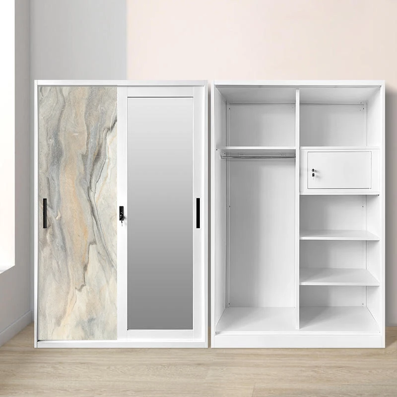 Steel Sliding Wardrobe with Mirror and Two-Door Design for Bedroom Use