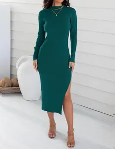 Women's 2025 Ribbed Knit Casual Turtleneck Slim Fit Natural Waist Solid Midi Dress Long Sleeve Side Slit Autumn