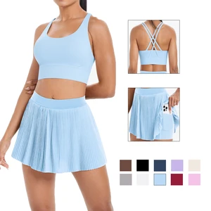 Women's Sexy Back Sports Bra Tennis Skirt Leotard Fitness Set New Yoga Set Breathable Anti-Slip Solid Lightweight Elastic Waist