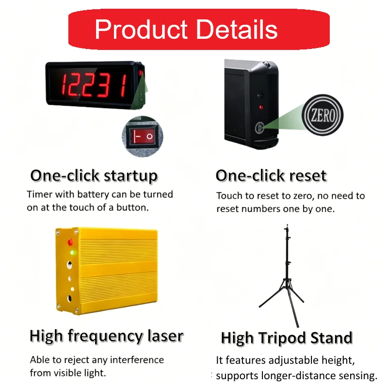 Produktbild von YZ Batterie-Laser-Timer Für Sprints & Rennen – 0,001 S Genauigkeit – Drahtlos, Helles LED-Display, Mit Stativen & Reflektoren – Für Leichtathletik & Training