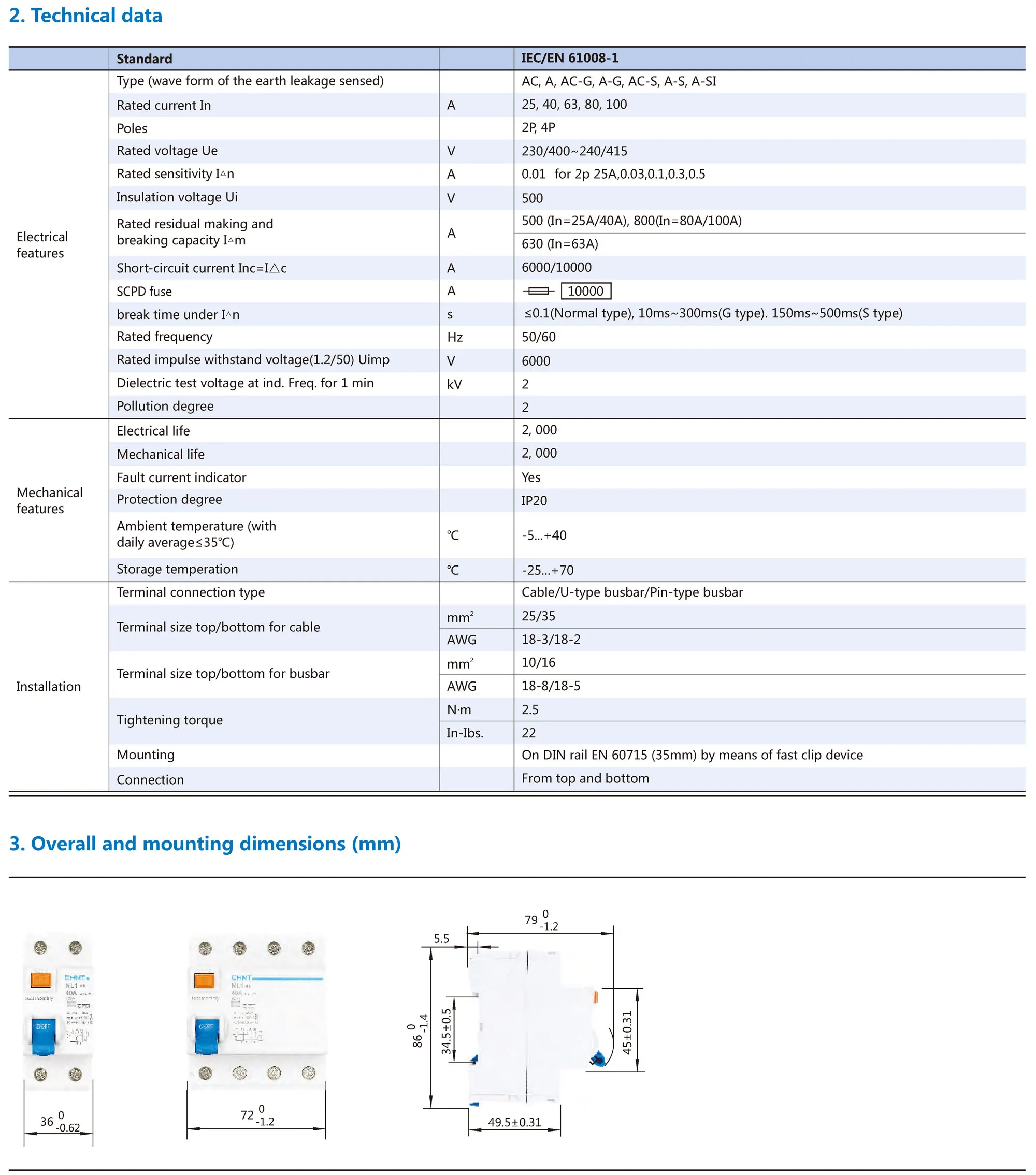 Chint NL1-63 A Type RCCB 2P 4P 25A 40A 63A 30mA 100mA 300mA 6kA 10kA NL1-63-263/30-A NL1-2-63-30A10 CHNT CE and UKCA Type A RCD