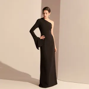 Bettergirl High Quality One-shoulder Crepe Simple Black Long Dress 2026 Ramadan New Tight Elegant Party Evening Dress