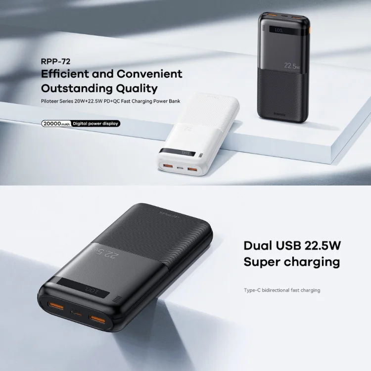 Power Bank 20000mAh Charge Rapide 22.5W - USB-C PD 20W Avec écran LED - Noir