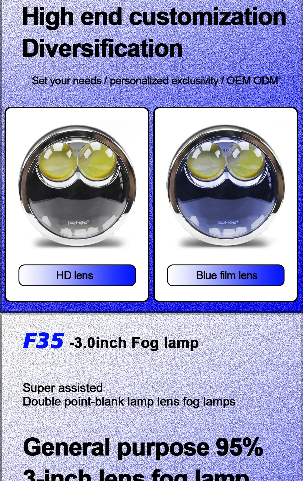 TECH-KING Custom 3.0 Inch Dual Beam Led Fog Lamp 12v 45w 70W 6000K Waterproof Universal Car Laser Fog Light 6000k Color Lens