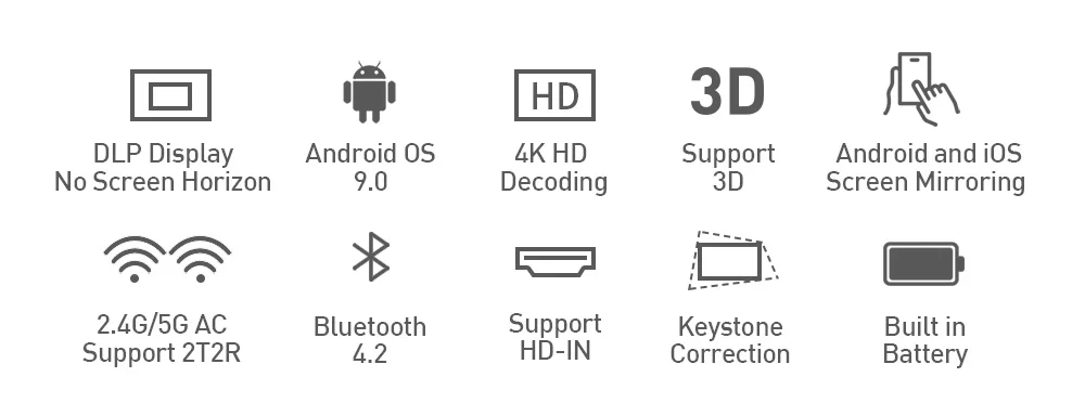 Venta caliente de Flyin P10-II Logotipo personalizado Mini 3D 4K 150 Lumens DLP 9000mAh Proyector Android 9.0 1