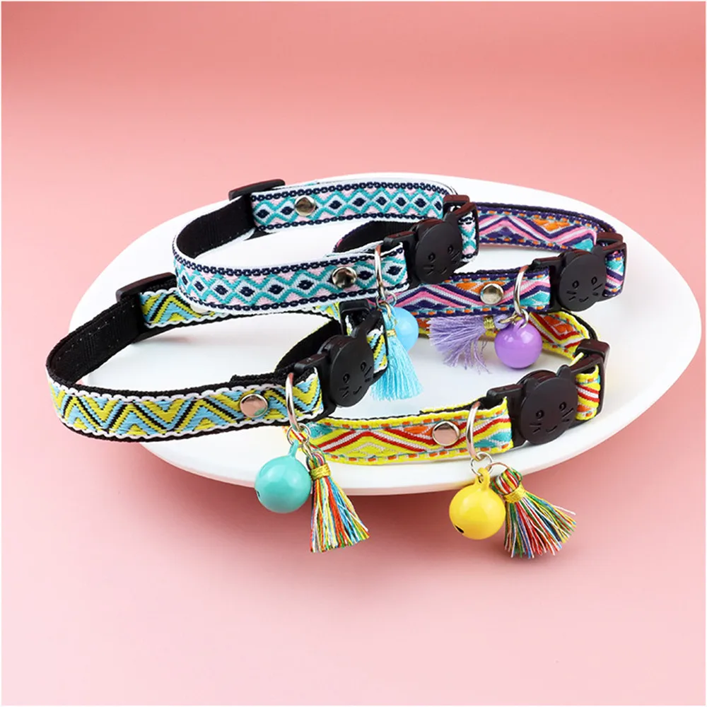 Breakaway Cat Collar with Bell and Bow Tie Tribal Pattern Geometric Adjustable Safety Kitty Kitten Collars Tassel Pet Supplies