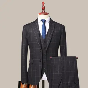 High Quality Slim-Fit 3-Piece Men's Wedding Suit V-Neck Business Suits for Adults Stylish Lattice Design Plus Size