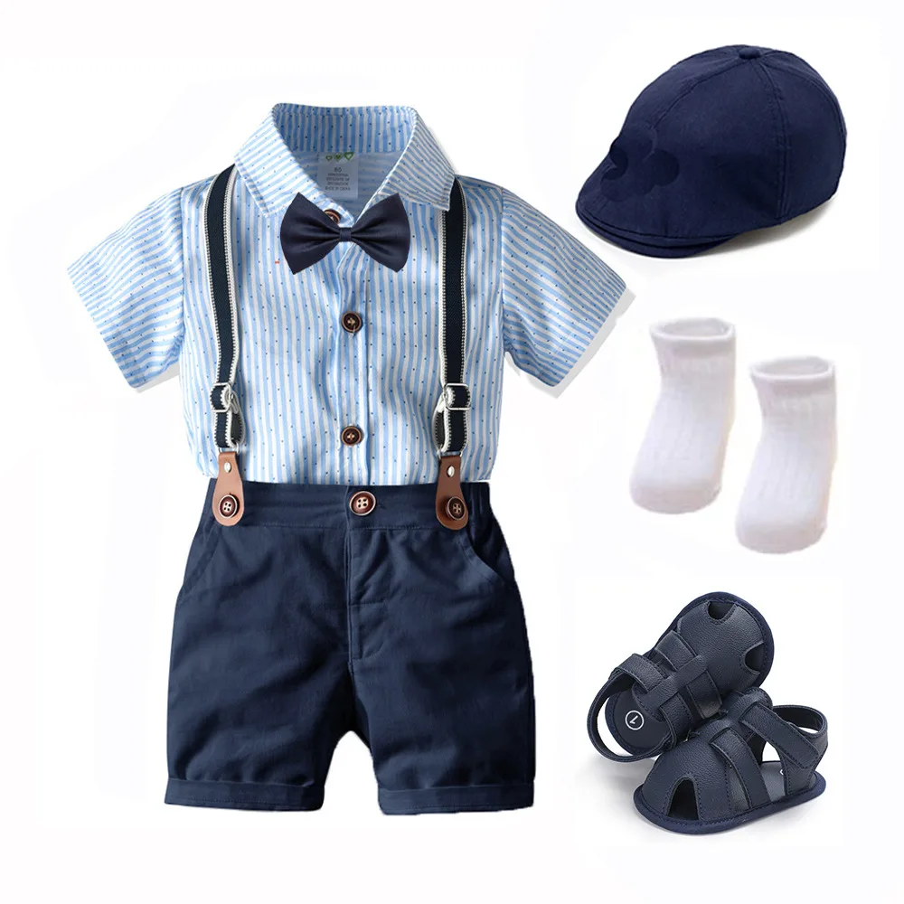 Handsome Summer Baby Clothes Bow Belt Party Week Dress Newborn Baby Boy Romper Clothes Set With Shoes Socks Hat