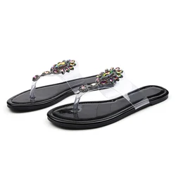 Hot sale summer flip flops with rhinestone glass plastic flat bottom slippers