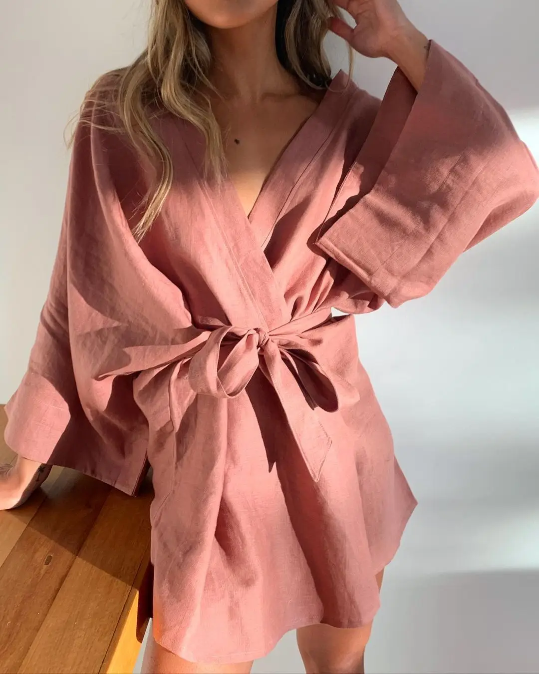 Enyami Boho Resort Vacation S-XL Lounge Wear Cotton Wrap and Tie Night-robe Pajamas Long Flare Sleeves Mini Casual Dresses Women