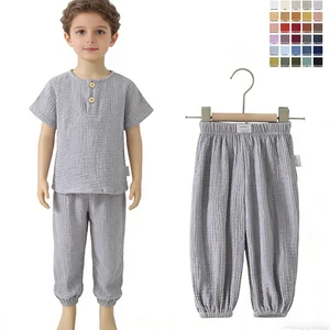 Wholesale Fashion Customized Crepe Baby Children Suits Button Solid Color Top and Long Pants Clothing Bloomer Baby Clothing Sets