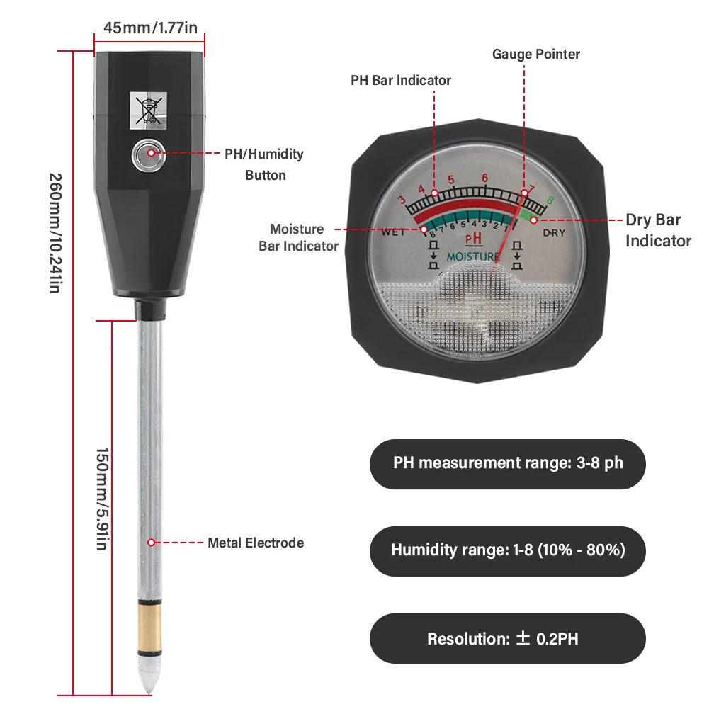 2 in  1 Soil ph and Moisture Meter with  150mm Long Electrode Probe