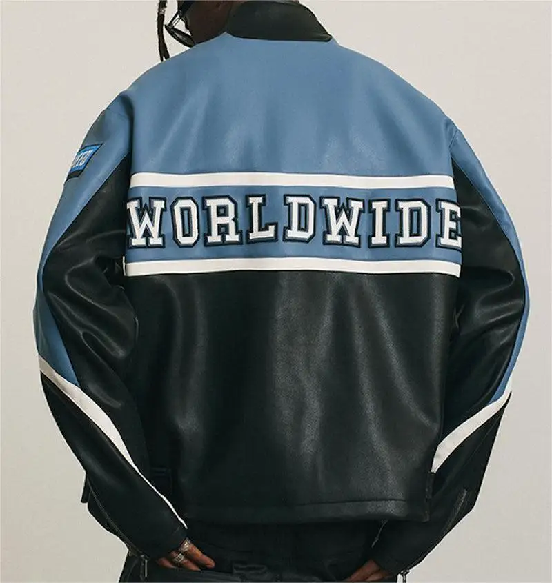 Custom Logo and Text Embroidered Stand Collar Patch Design Zipper up Speed Racer Leather Jacket