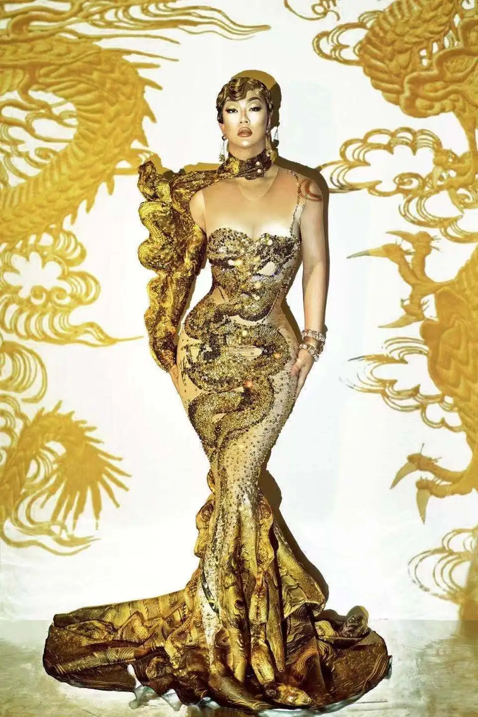 Sexy Singer Gold Dragon Long Evening Dress Chinese Style Fold Music Concert  Dance Costume Stage Show Celebrity Dresses