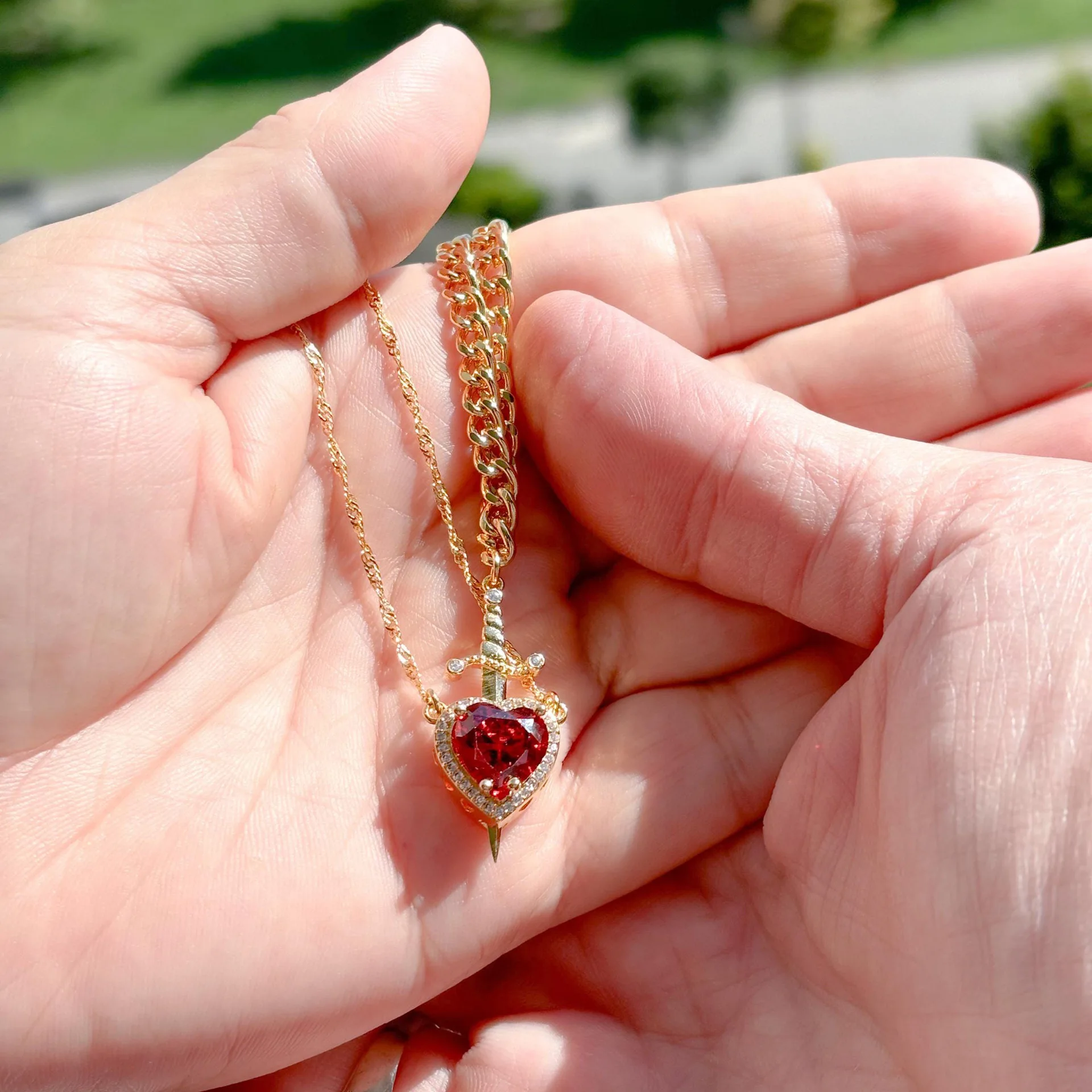 Red Heart Crystal Dagger Pendant Necklace Valentine's Gift