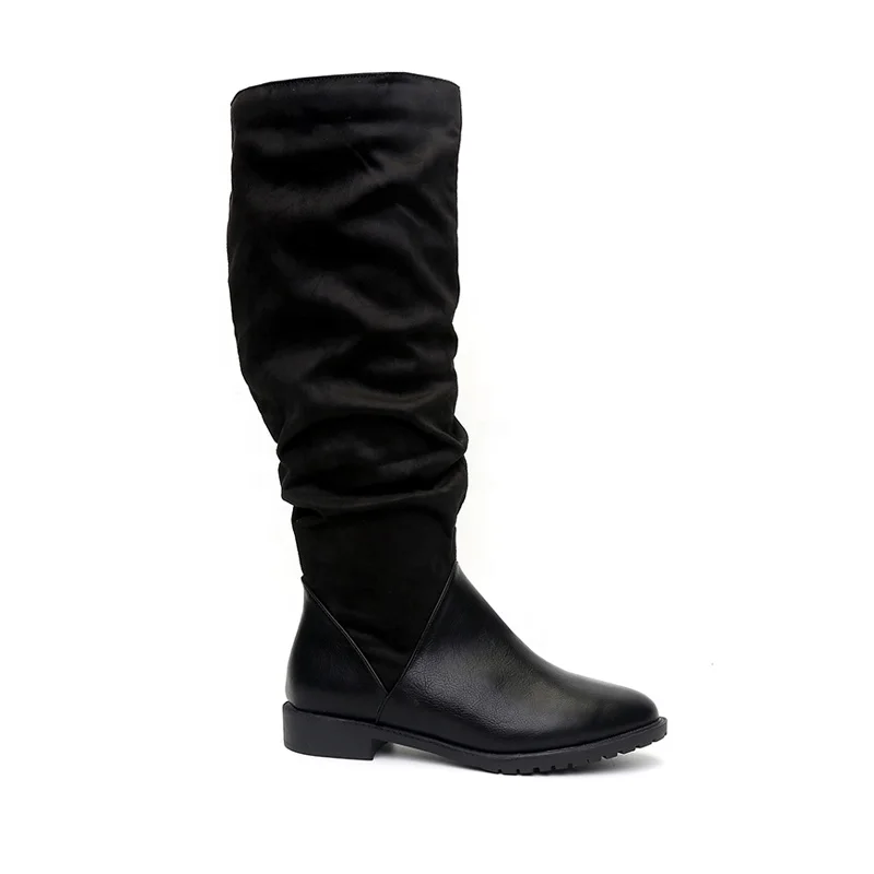 black thigh high flat boots faux leather