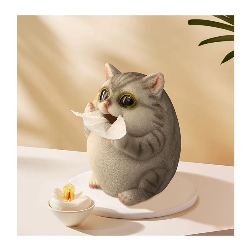Cute Cat Tissue Box Cover Desk Statue Resin Decor Dispenser Box Case with Figurine Grey Tissue Holder Design Style