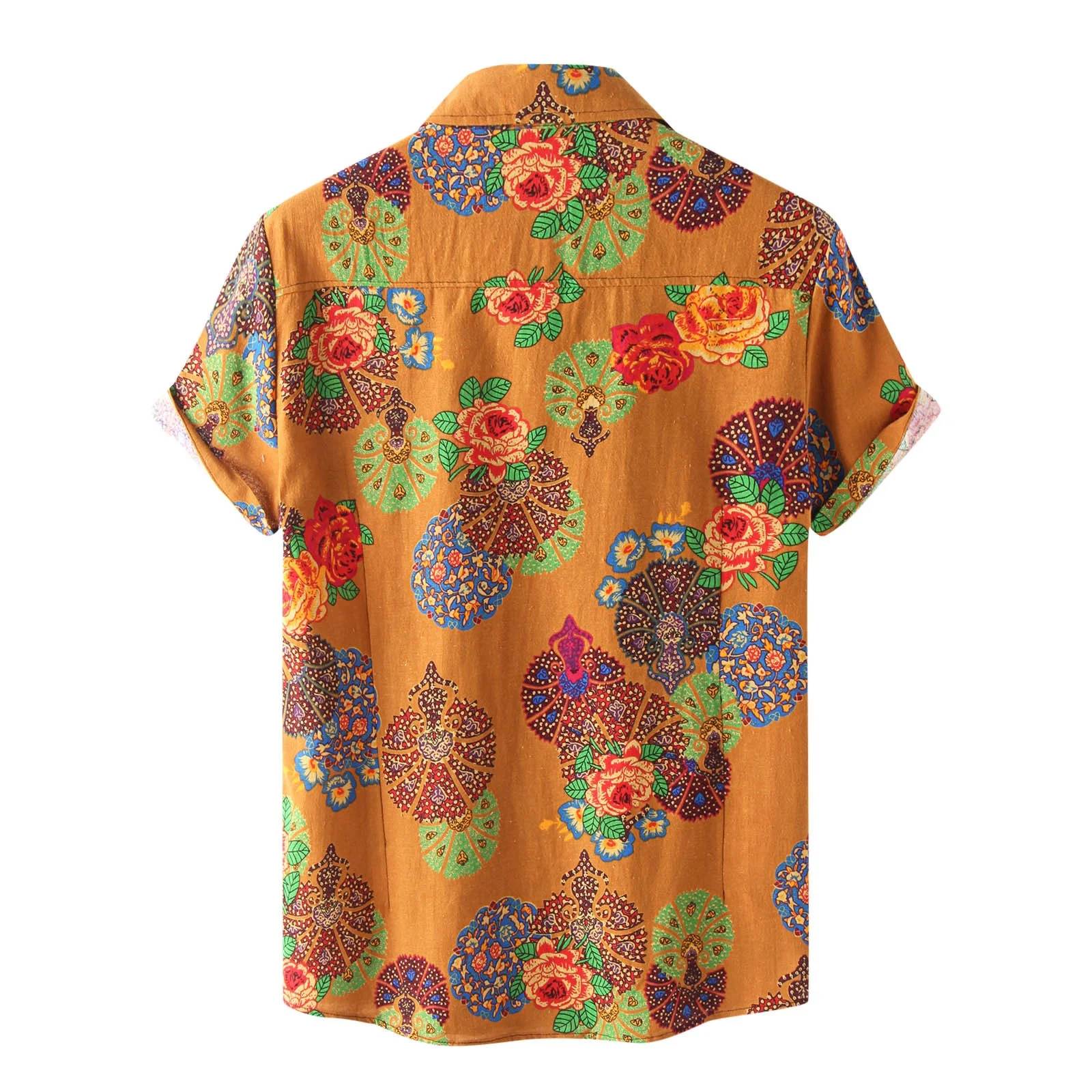 Mens Ethnic Short Sleeve Casual Polyester Geometry Print Hawaiian Shirt Blouse Couple Loose Fit Hawaii Vintage Shirts