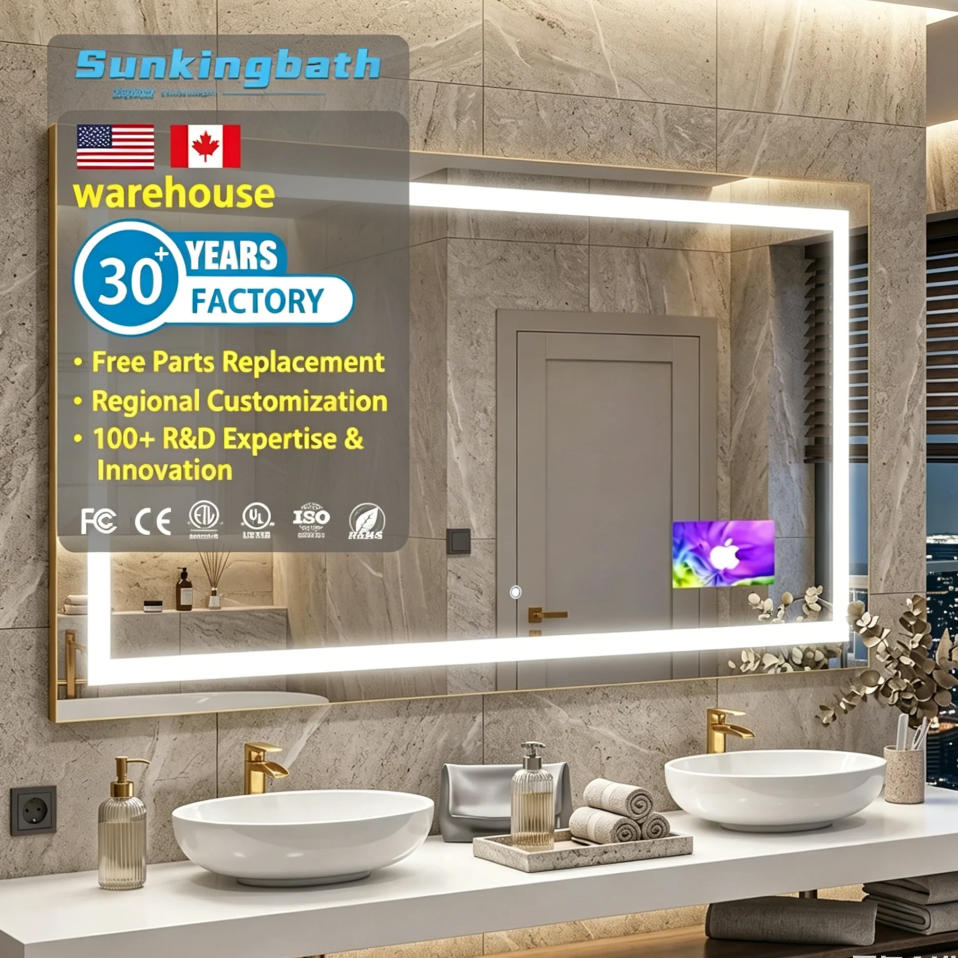 Modern High Quality Silver Sensor Touch Smart IP44 Illuminated Magnifying Rectangle Led Bathroom Mirror with Led Light for Hotel