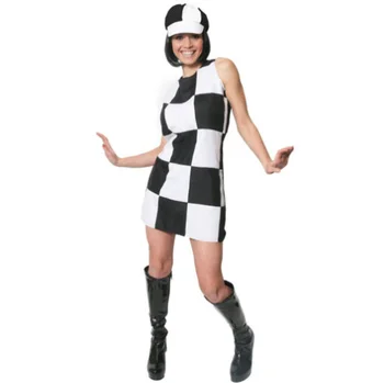 WHITE AND BLACK 60S 70S PARTY GIRL FANCY DRESS COSTUME LADIES SHIFT DRESS & HAT