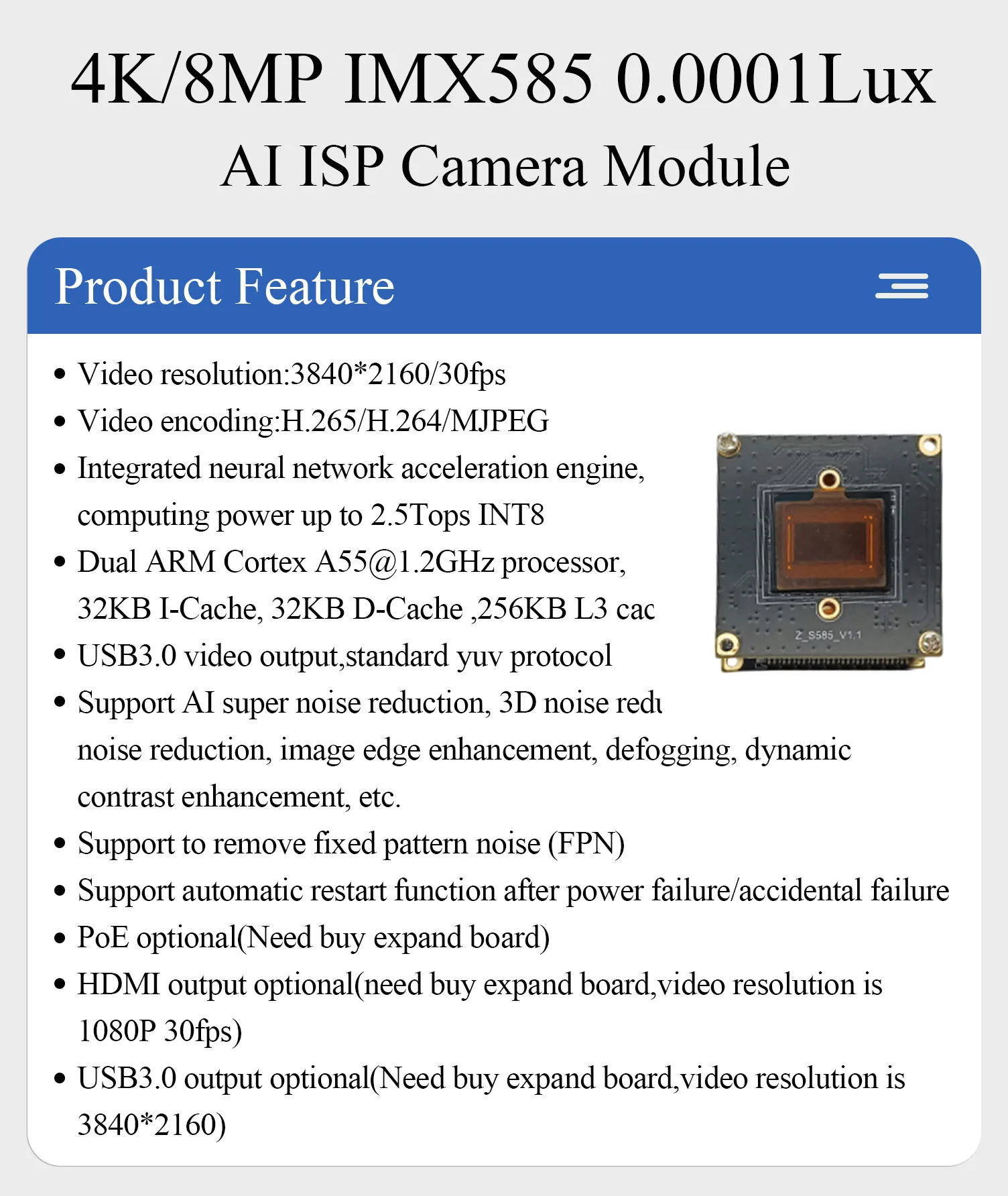 Imx585 Raspberry Pi Module 4 IMX585 4K 30FPS Camera Module for Night Vision Surveillance