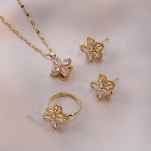 Women's Stainless Steel Set Rotating Four-Leaf Clover Fashion Zircon Pendant Earrings Ring Clavicle Chain Necklace for Gift