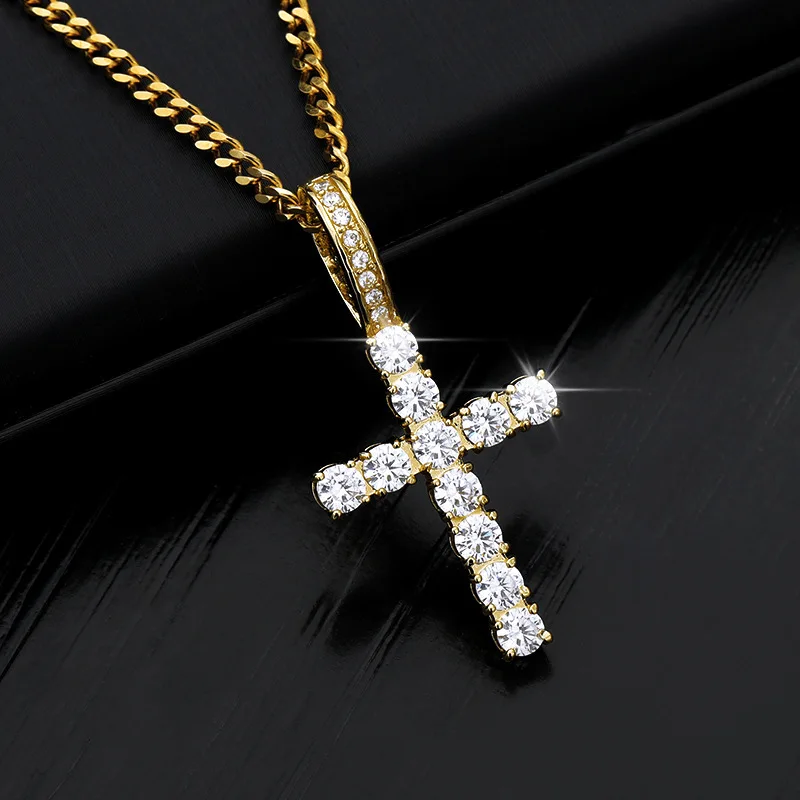 Gold Chain Ice Out Cross Pendant 