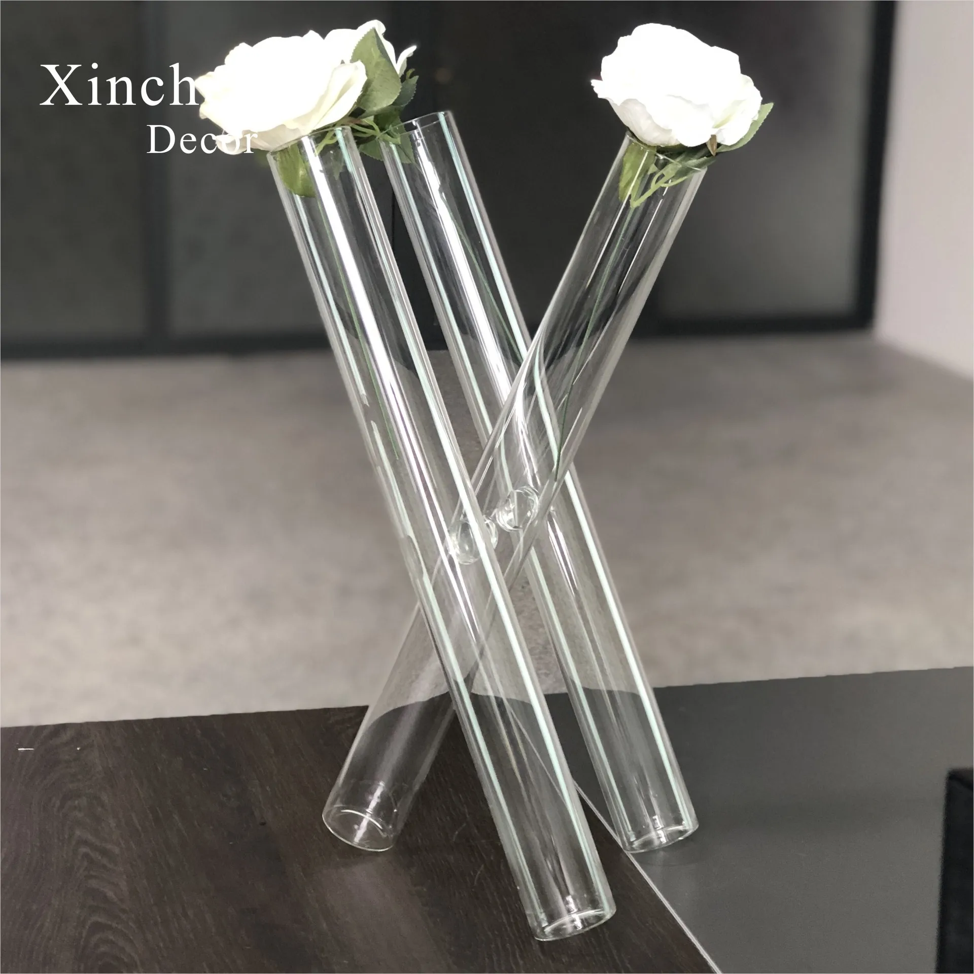Hot Selling Thicker 18 Inch Tall Three Tube Shell Flower Glass Cylinder  Clear Vase for Wedding Decoration Centerpiece