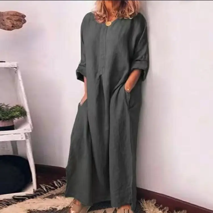 2021 New Arrivals Wholesale Women Clothing Long Sleeve Maxi Linen Dress ...