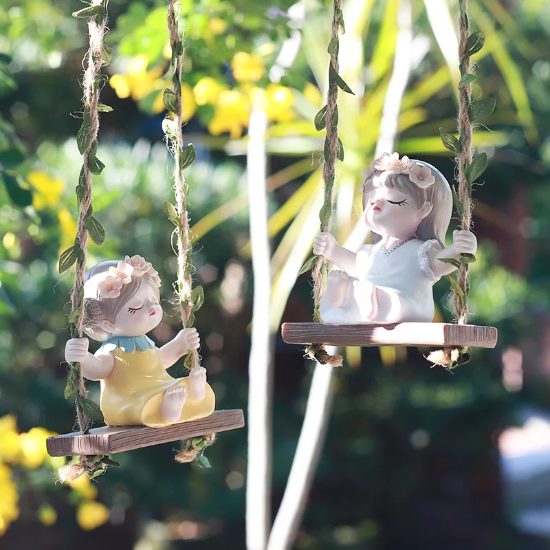 Wholesale Roogo Art Deco Cute Resin Wall Hanging Waterproof Swing Girl Ornaments Garden Micro Landscape Kawaii Home Decor