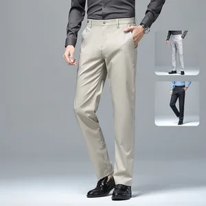 Men's Comfortable and Breathable Summer Silk Casual Pants Stretch Business Trousers with Mid Waist Straight Pattern