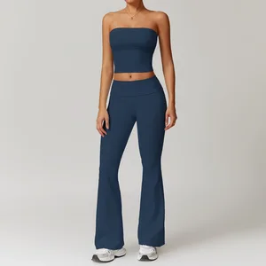 Brushed Soft Touch Strapless Backless High Waist Butt Lift Tight Slim Fit Breathable Plus Size Spandex/Nylon 2-Piece Running