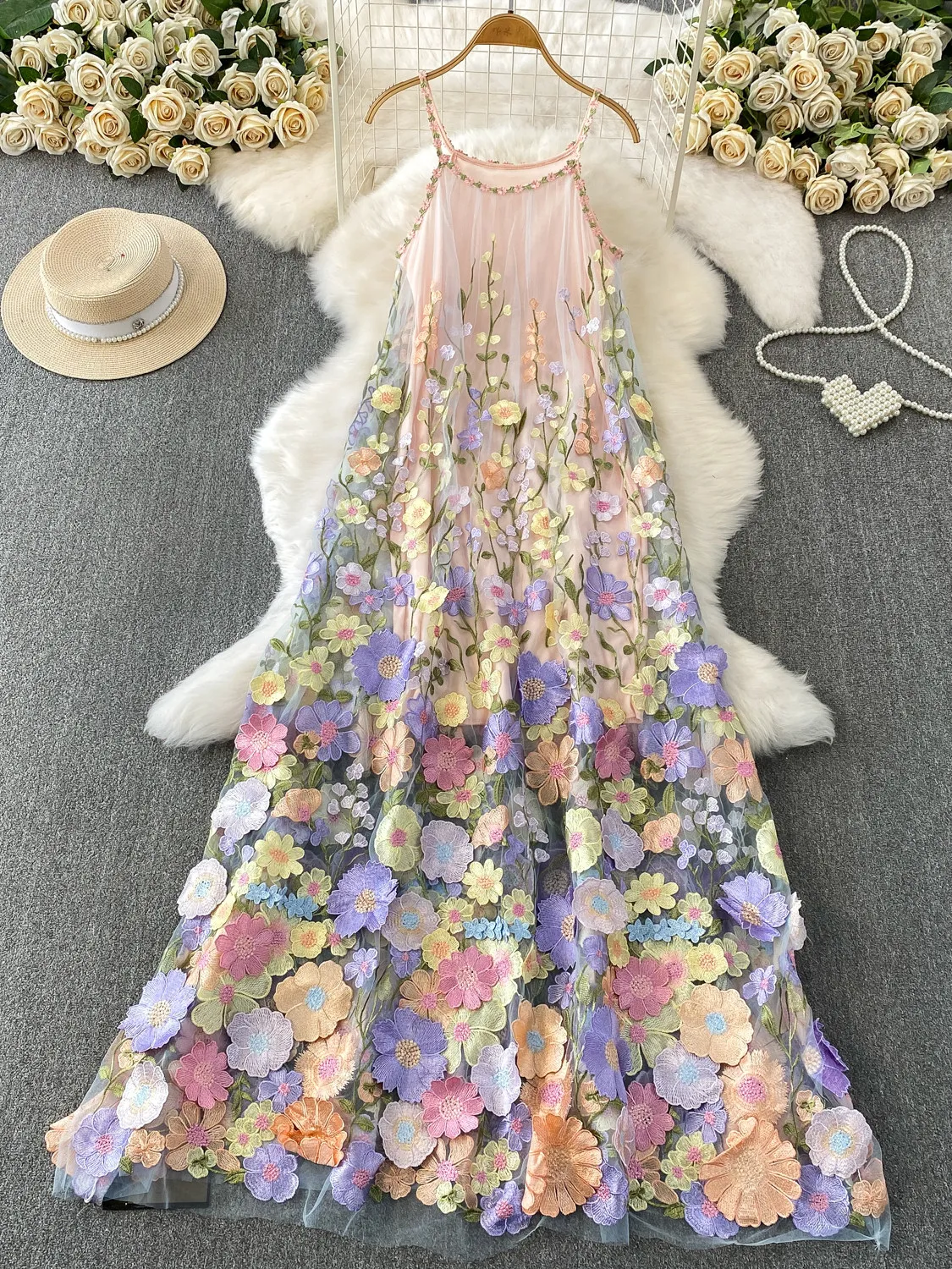 spaghetti strap dress winter French Style Vintage Translucent Mesh Floral Women's Autumn High-end Elegant Long Dress Just My Type Beige round neck Size:7.5 US Its touch and chic