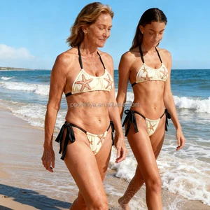 Eco-Friendly Bandeau Bikini 2-Piece Set TIE SIDE Bottom Quick Dry Drawstring Decoration Floral/Leaves Patterns for Women