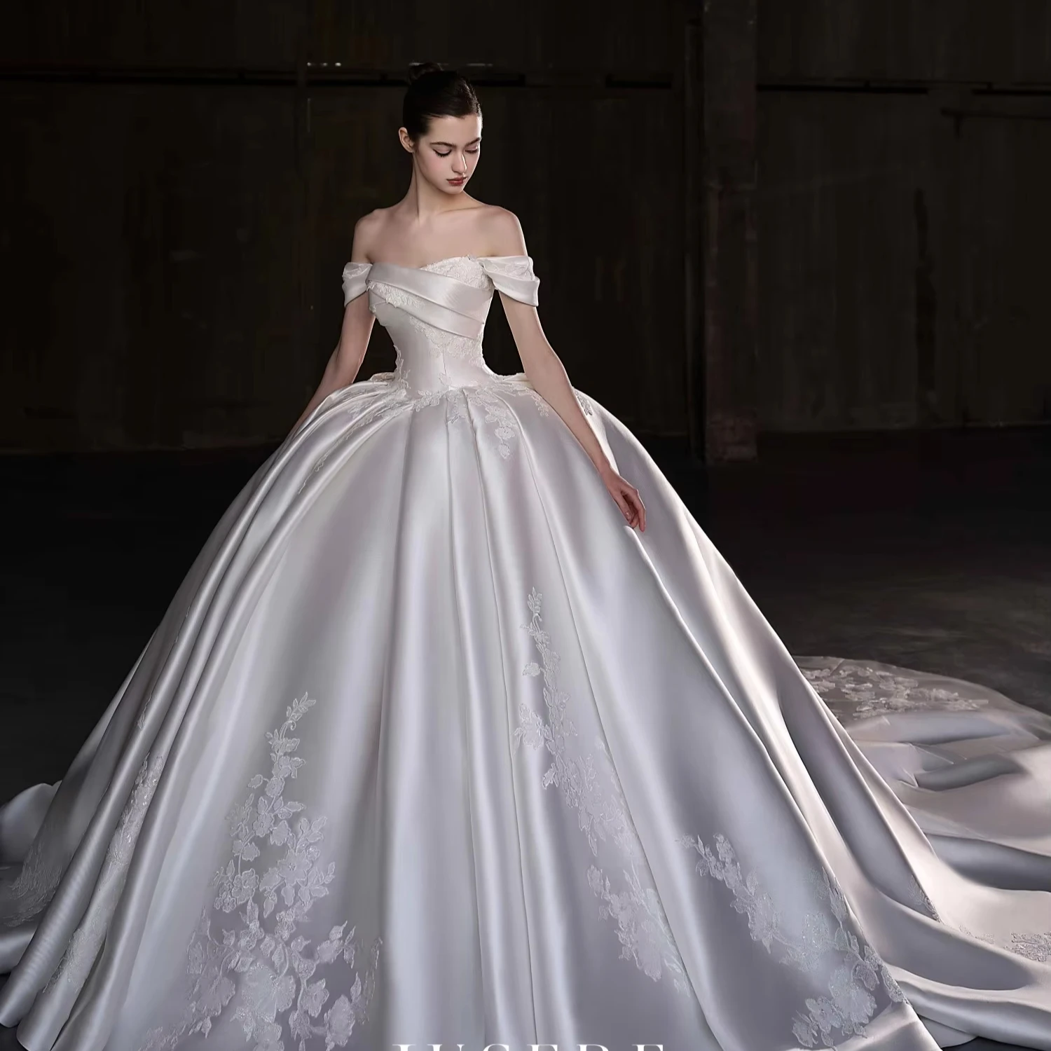 JUSERE Wedding Dress Ball Gown Luxury Satin Royalty Simple Elegance Off  Shoulder Detachable Customize Plus Size Cathedral Train