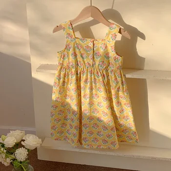 2025 Summer Korean Style Floral Suspender Girls Dress Pure Cotton Vest Dress for Children Party Style Baby Princess Dress