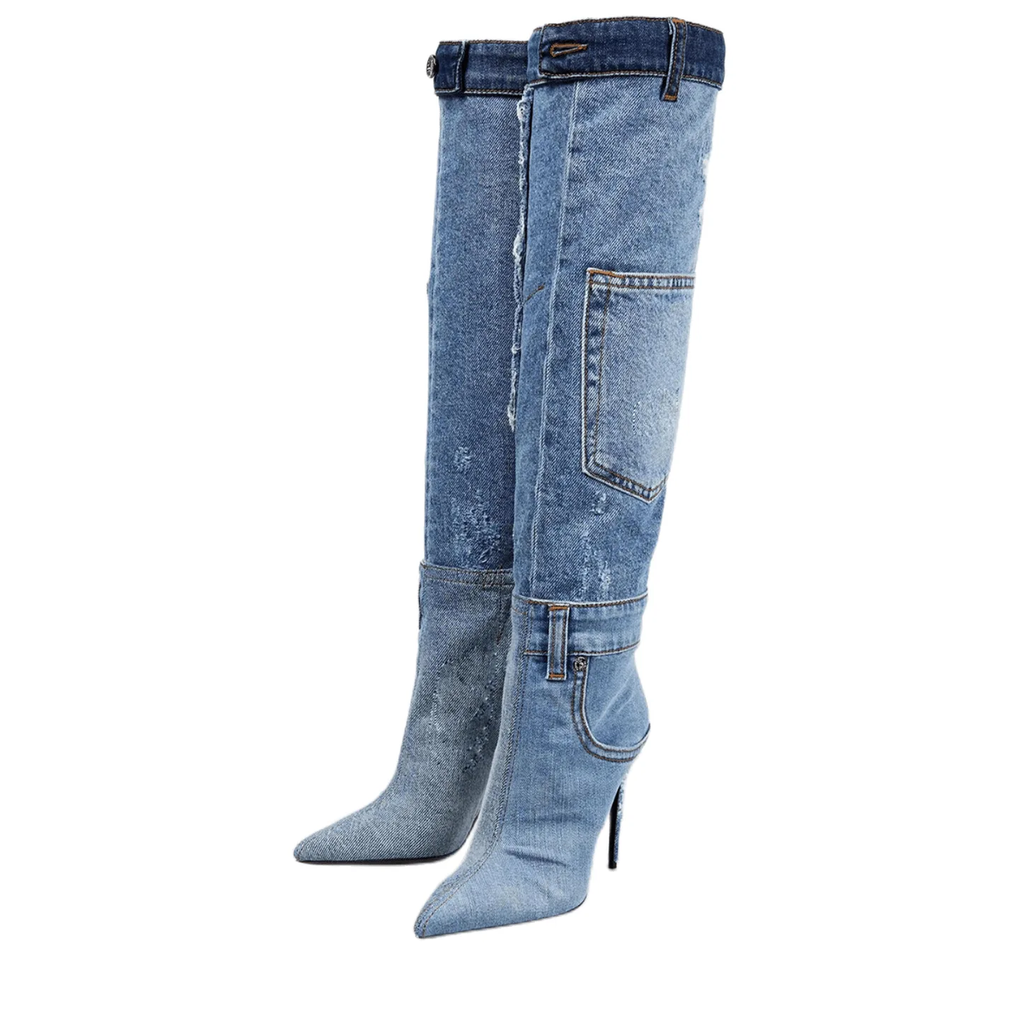 2023 Autumn Winter High Heeled Cowboy Boots Washed Pocket Sexy Party Denim Women Over The Knee High Boots - Image 1