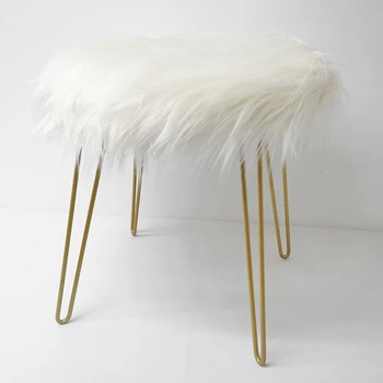 Living Room Furnitures Modern European Style Round Footstool White Faux Fur Ottoman Stool with Golden Legs