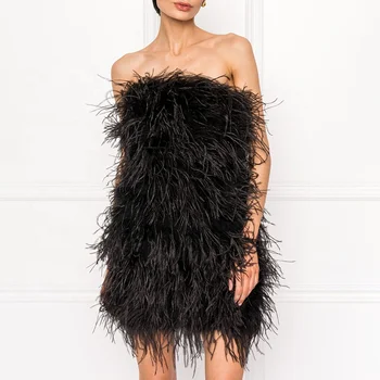 Hot Sale Flutter Mini Cocktail Off Shoulder Ostrich Feather Dress Club Black Feather Dress