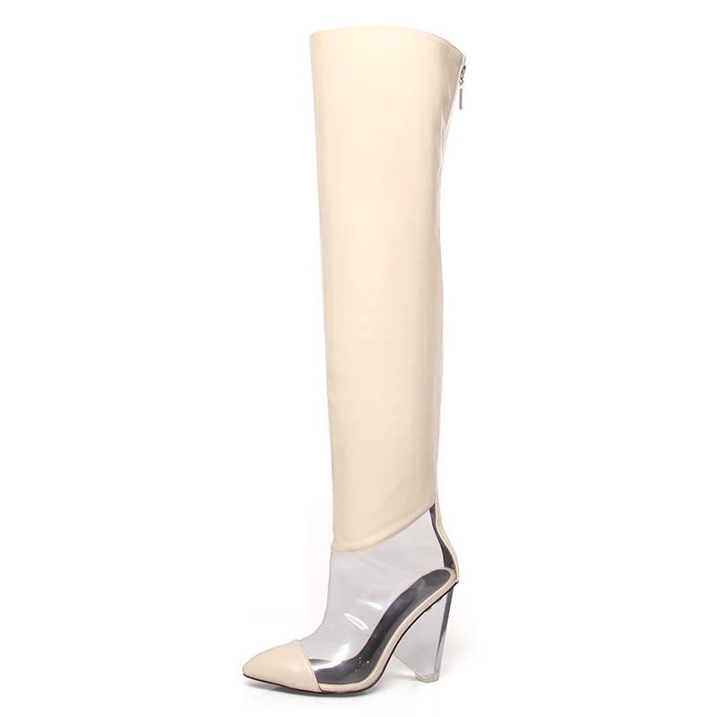 WETKISS/модные туфли на КОНУСНОМ каблуке; Пикантные прозрачные сапоги; Высокие Сапоги выше колена высоком Для женщин; Цвет Серебристый; сапоги до бедра